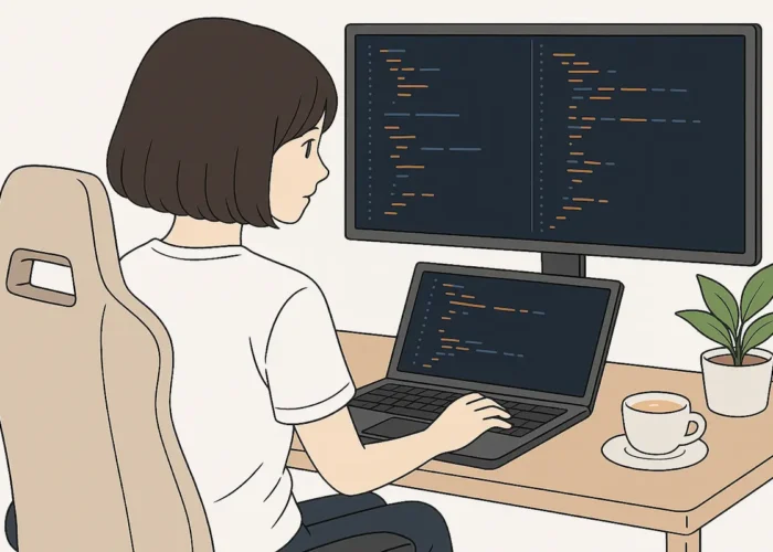 Person coding on a laptop and monitor