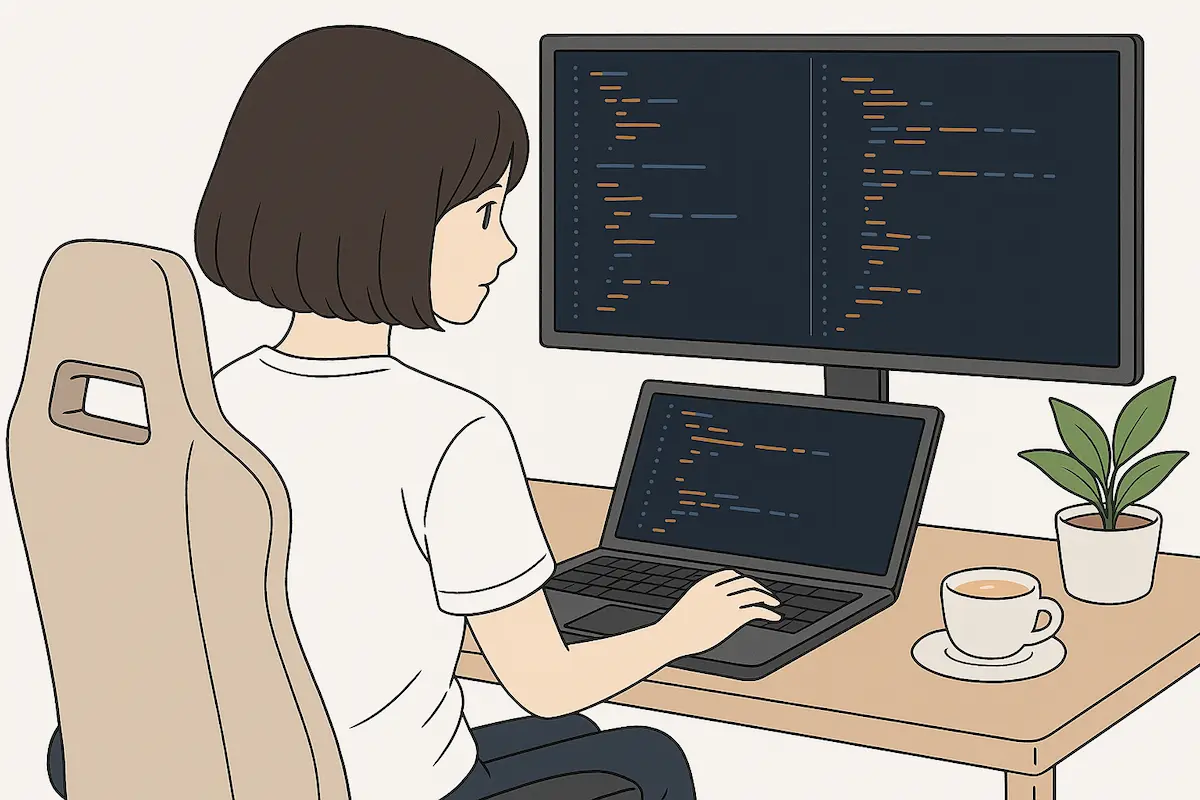 Person coding on a laptop and monitor