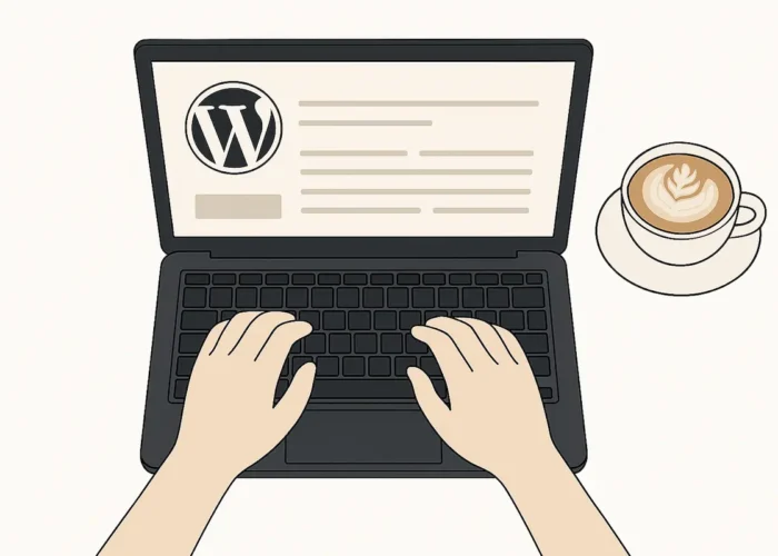 Hands typing on a laptop displaying the WordPress logo, next to a cup of coffee