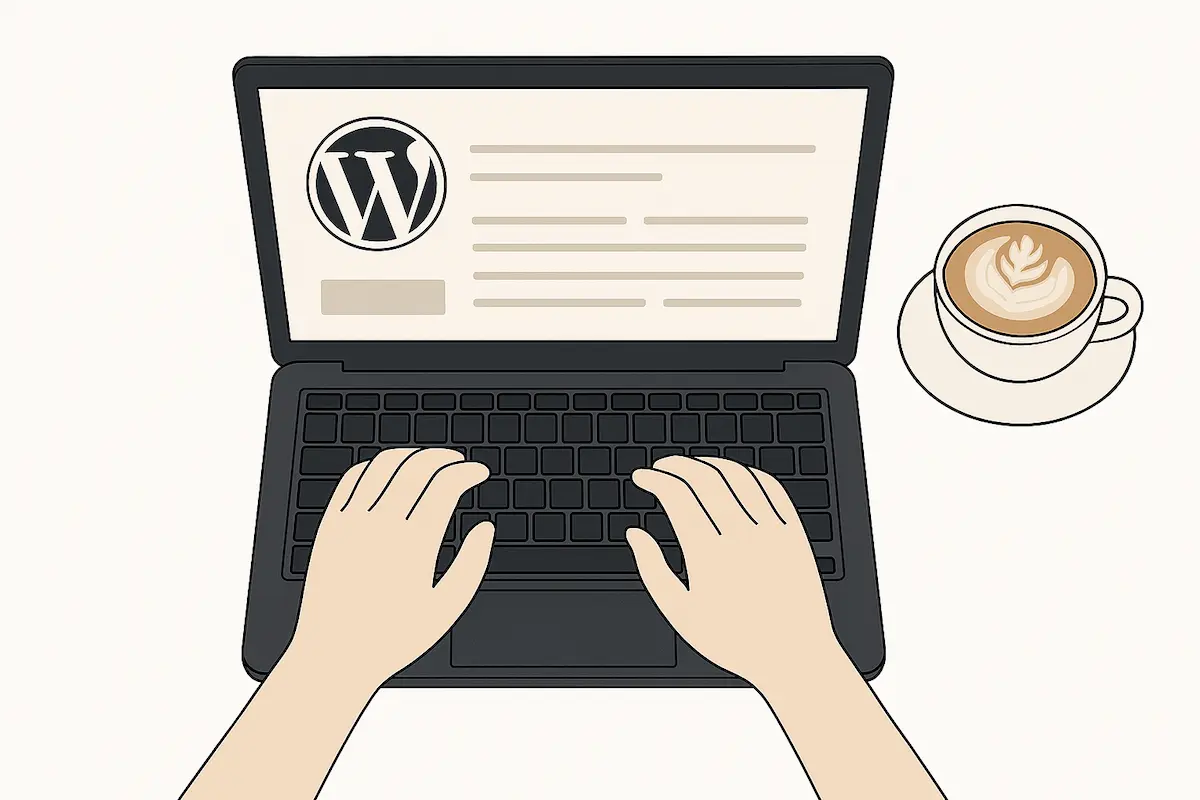 Hands typing on a laptop displaying the WordPress logo, next to a cup of coffee